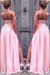 Blush Pink Prom Gown with Flirty Spaghetti Straps and Daring Leg Slit