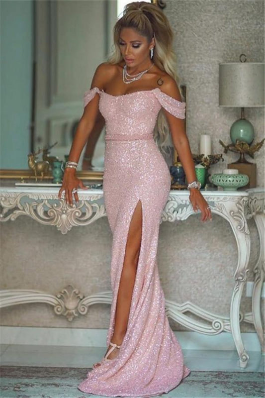 Sparkling Sequined Mermaid Prom Gown High Slit Blushing Pink Evening Dress