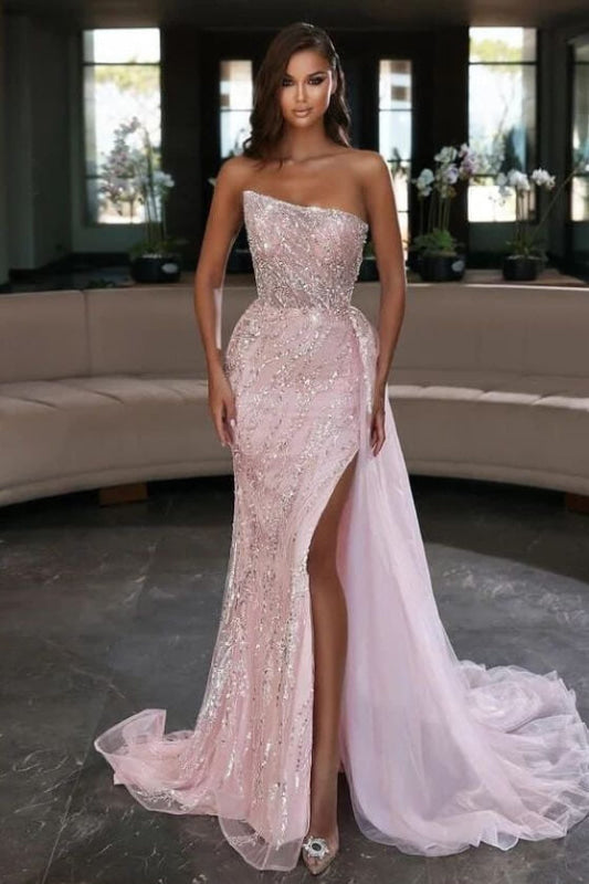 Blush Pink Strapless Mermaid Prom Dress Sequins with Ruffled Split