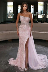 Blush Pink Strapless Mermaid Prom Dress Sequins with Ruffled Split