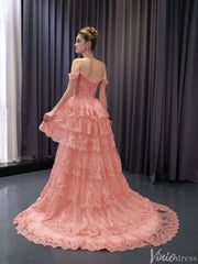 Blush Pink Tiered Ruffle Prom Dresses Off the Shoulder Evening Gowns 241094