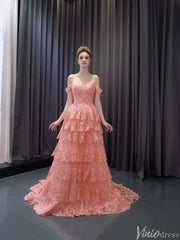 Blush Pink Tiered Ruffle Prom Dresses Off the Shoulder Evening Gowns 241094