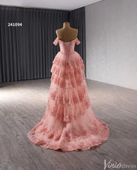 Blush Pink Tiered Ruffle Prom Dresses Off the Shoulder Evening Gowns 241094