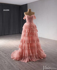 Blush Pink Tiered Ruffle Prom Dresses Off the Shoulder Evening Gowns 241094