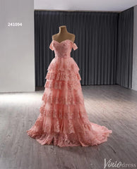 Blush Pink Tiered Ruffle Prom Dresses Off the Shoulder Evening Gowns 241094