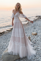 Deep V Neck A Line Boho Wedding Dresses Lace Short Sleeve Bridal Gown With Sweep Train