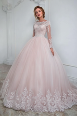 White Aline Wedding Gown Long Sleeves Tulle Bridal Dress with Lace Appliques