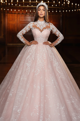 Glitter Appliques Lace Beaded A-Line Wedding Dress Long Sleeves