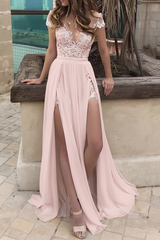 Boho Wedding Dresses Chiffon Deep V Neck Short Sleeve Lace Appliqued Split Front Beach Bridal Gowns