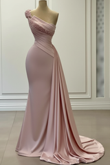 Delicate One-Shoulder Beaded Sleeveless Ruched Satin Wedding Dress