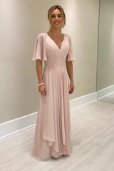 Elegant Half Sleeves V-neck Aline Wedding Guest Dress Chiffon Mother of the Bride Dress