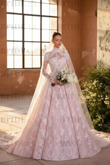 Elegant High Neck Long Sleeves  A-Line Appliques Lace Wedding Dress