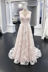 White Floral Lace Wedding Dress A Line V Neck Bridal Dress Sleeveless