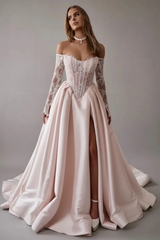 Gorgeous Off-the-Shoulder Satin Aline Wedding Dresses Front Split Long Sleeves Bridal Gown