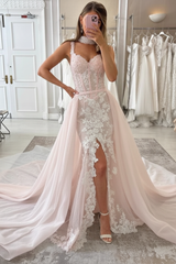 Gorgeous Tulle Lace Ivory Mermaid Wedding Dress Front Split with Detachable Train