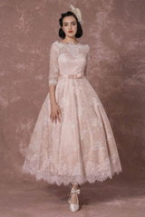 Vintage Champagne Lace Wedding Dress Bateau Neck Half Sleeve Tea Length Bridal Gown