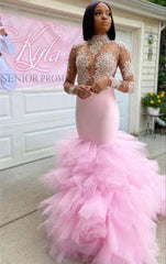 Blushing Pink Mermaid Prom Gown with High Neck and Delicate Lace Details
