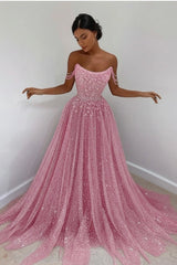 Sparkly Sky Blue Off-the-Shoulder Prom Dress Long with Sequins