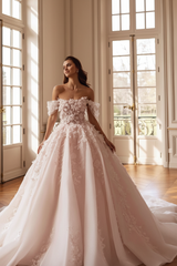 Beautiful Off-the-Shoulder Aline Wedding Dress Lace Appliques Ball Gown