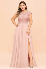 Plus Size Bridesmaid Dress Lace with Split Cap Sleeves Chiffon Wedding Guest Dress