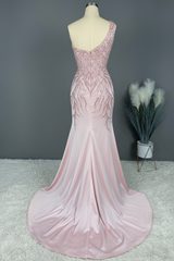 Blushing Pink Prom Dress Long Mermaid Sequins Sleeveless One Shoulder Evening Dress