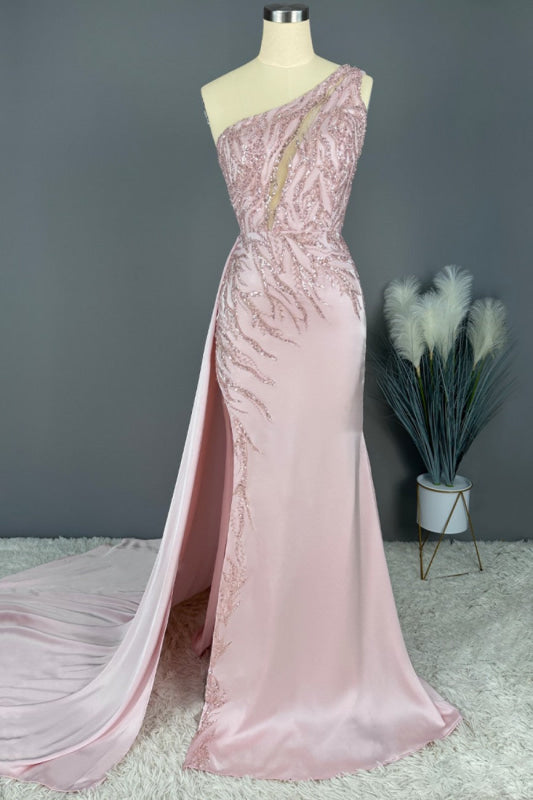 Blushing Pink Prom Dress Long Mermaid Sequins Sleeveless One Shoulder Evening Dress