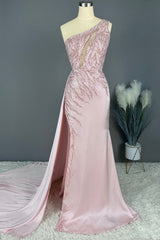 Blushing Pink Prom Dress Long Mermaid Sequins Sleeveless One Shoulder Evening Dress
