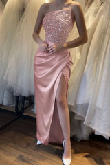 Glamorous Satin Black Prom Dress with Sequins Sleeveless High Slit Evening Dress