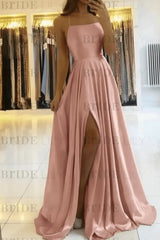 Simple Prom Dress Long With Spaghetti Straps Front Slit Satin Evening Dress