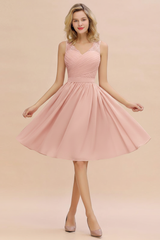 Elegant Ruffle Chiffon Short Bridesmaid Dress Sleeveless V-Neck Aline Knee Length Homecoming Dress