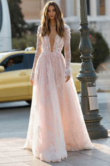 Simple Wedding Dress A Line V Neck Long Sleeves Lace Floor Length Bridal Gowns