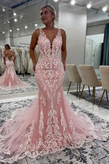Sweetheart Tulle Appliques Lace Mermaid Wedding Dresses with Train