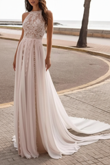 Ivory Wedding Dresses A Line With Court Train Sleeveless Applique Bridal Gowns