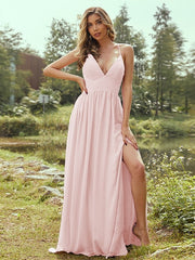 A-Line/Princess Chiffon Ruffles V-neck Sleeveless Floor-Length Bridesmaid Dresses