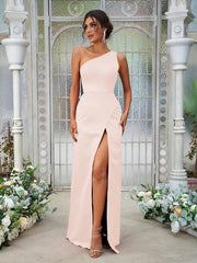 A-Line/Princess Satin Ruched One-Shoulder Sleeveless Floor-Length Bridesmaid Dresses