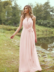 A-Line/Princess Chiffon Ruffles Halter Sleeveless Sweep/Brush Train Bridesmaid Dresses