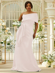 Sheath/Column Satin Ruched One-Shoulder Sleeveless Sweep/Brush Train Bridesmaid Dresses