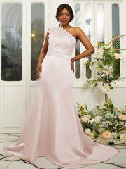 Sheath/Column Satin Lace One-Shoulder Sleeveless Sweep/Brush Train Bridesmaid Dresses