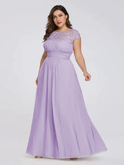 A-Line Mother of the Bride Dress Plus Size Jewel Neck Floor Length Chiffon Short Sleeve with Lace Ruching