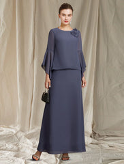 wholesale A-Line Mother of the Bride Dress Plus Size Elegant Jewel Neck Ankle Length Chiffon Long Sleeve with Flower