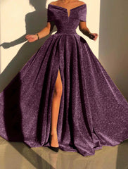 A-Line Evening Gown Sparkle & Shine Dress Formal Fall Court Train Sleeveless Off Shoulder Sequined with Sequin Slit