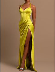 Mermaid / Trumpet Evening Gown Corsets Dress Formal Wedding Guest Floor Length Sleeveless Halter Neck Satin with Ruched Slit 2025