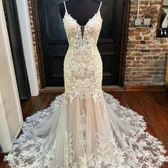 Bohemian Lace Applique Mermaid Wedding Dresses Spaghetti Strap Bridal Gown VW2160