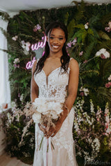Bohemian Lace Applique Mermaid Wedding Dresses Spaghetti Strap Chapel Train Bridal Gown VW2157