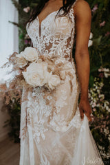 Bohemian Lace Applique Mermaid Wedding Dresses Spaghetti Strap Chapel Train Bridal Gown VW2157