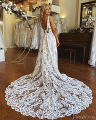 Bohemian Lace V-Neck Wedding Dresses Ivory Chapel Train Boho Bridal Gown VW2163