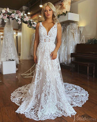 Bohemian Lace V-Neck Wedding Dresses Ivory Chapel Train Boho Bridal Gown VW2163