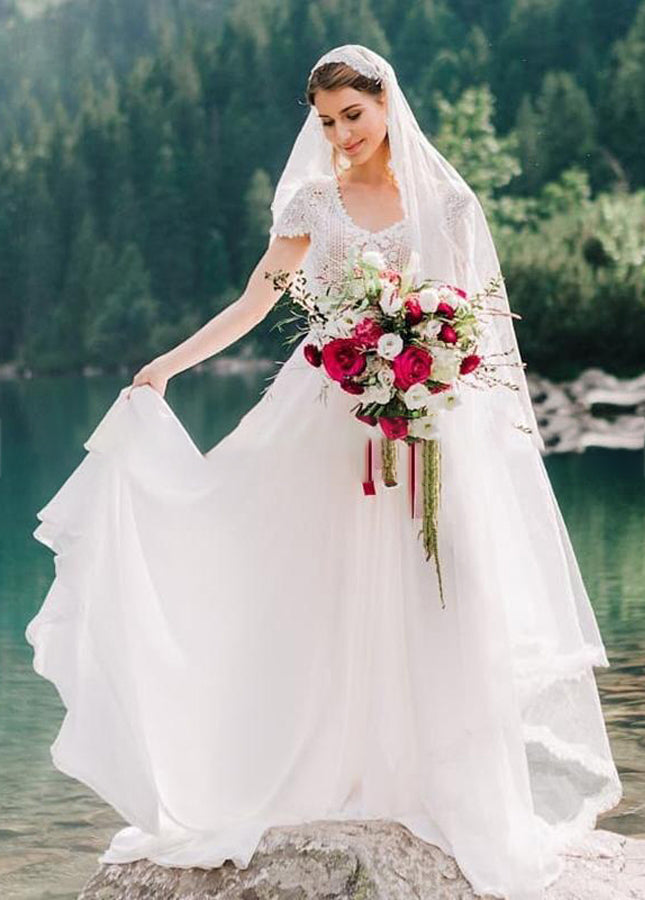 Bohemian Wedding Dresses Lace Short Sleeve Chiffon Bridal Gowns