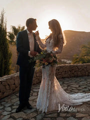 Boho Lace Mermaid Wedding Dresses with Sleeves Viniodress VW1112