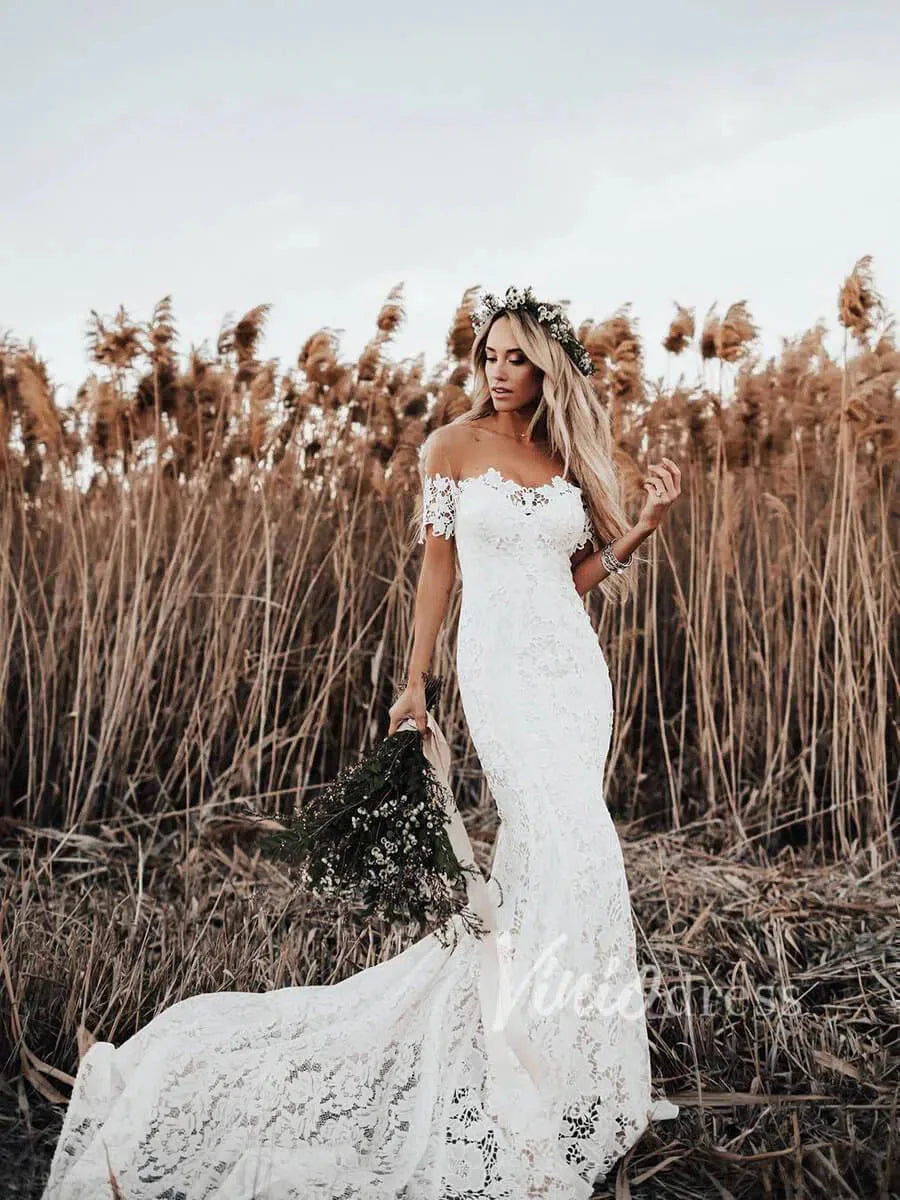 Boho Lace Wedding Dresses Lace Mermaid Wedding Dress Viniodress VW1108